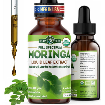 PURA VIDA MORINGA Leaf Extract Liquid Drops - USDA Organic Certified - Highly Purified, Bioavailable & Faster Absorption than Moringa Powder or Capsules - Maple Wellness Supplements