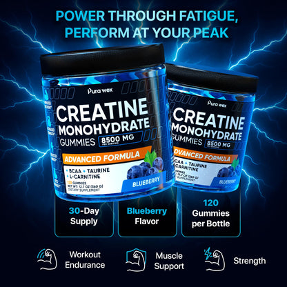 PURA WEX NUTRITION Creatine Monohydrate Gummies 8500mg Complex for Men & Women - Pre Workout Creatine Chews for Muscle Growth, Strength & Energy, - Maple Wellness Supplements