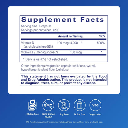 Pure Encapsulations Vitamin D3 & K2 - Bone & Vascular Health Support - Immune Function Support - Gluten Free - Non-GMO - 120 Capsules - Maple Wellness Supplements
