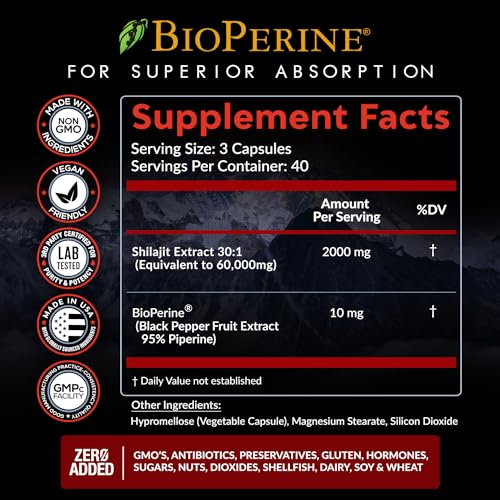 Pure Himalayan Shilajit Capsules Supplement (60,000mg+ Absorption Enhancer+50% - Maple Wellness Supplements