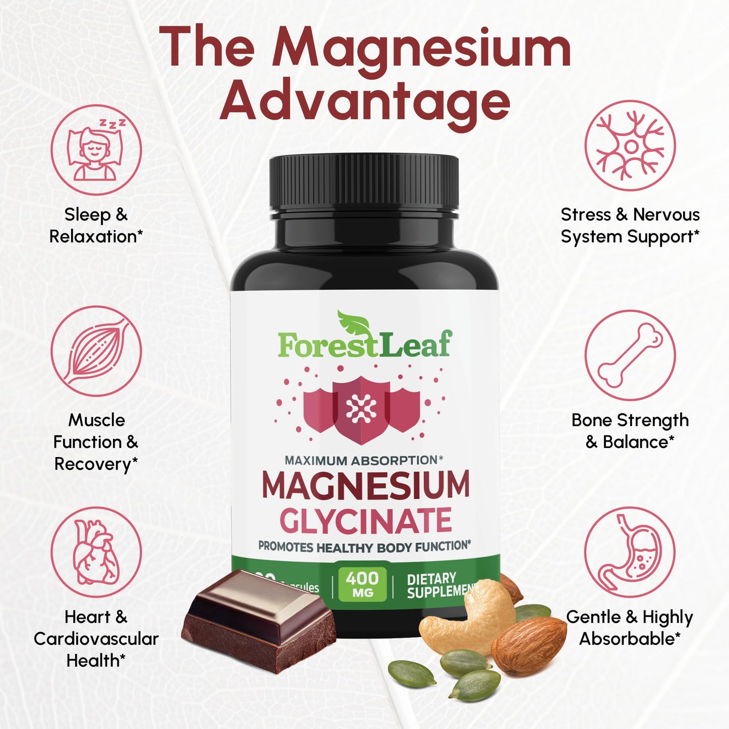 Pure Magnesium Glycinate 400mg Serving - High Absorption Magnesium Glycinate - Mag Bisglycinate for Stress, Bones, Muscles, Nerves, - Maple Wellness Supplements