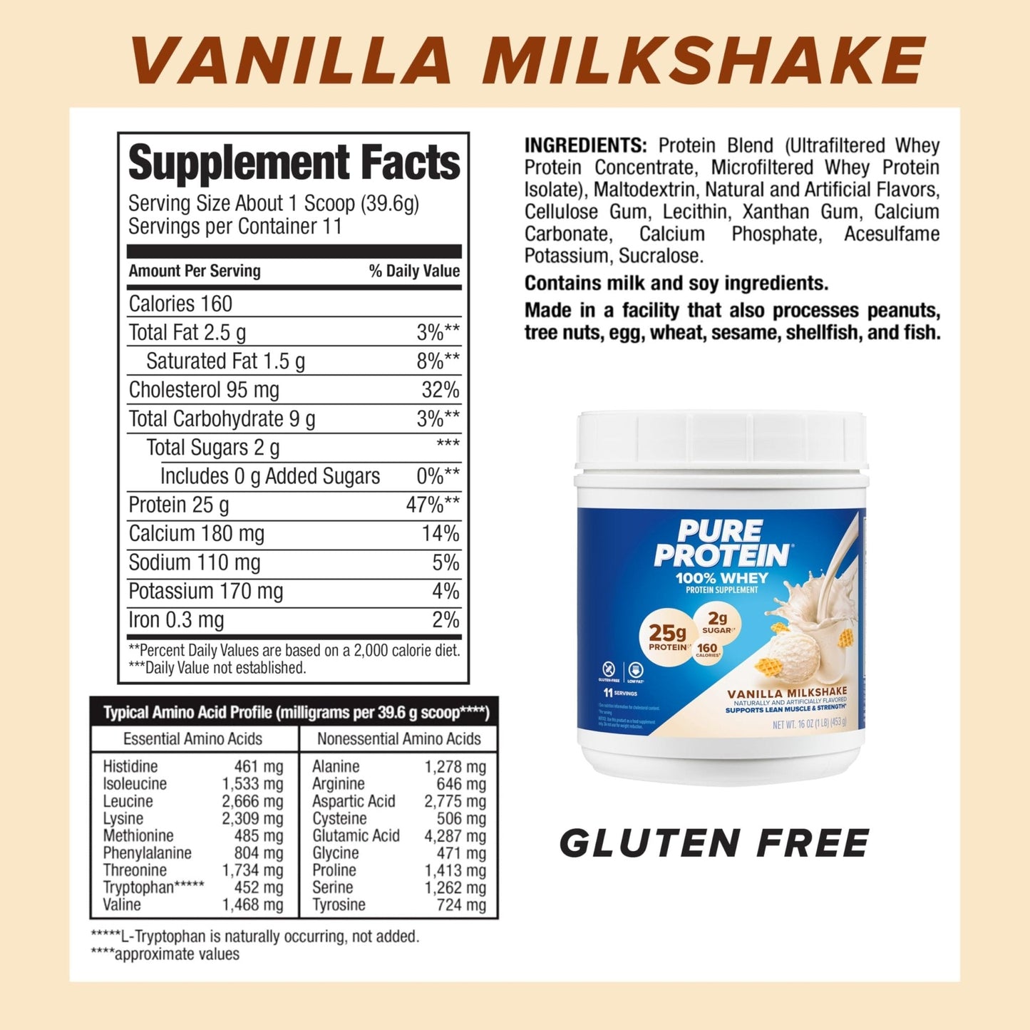 Pure Protein Powder, Whey, High Protein, Low Sugar, Gluten Free, Vanilla Cream, 1 lb - Maple Wellness Supplements