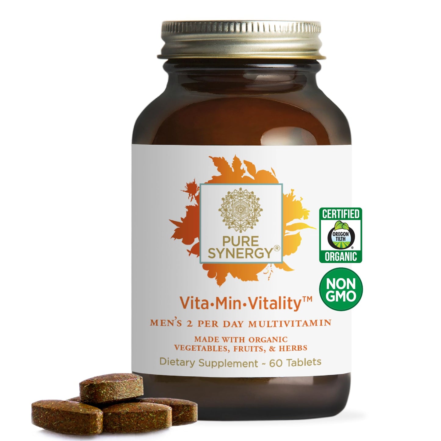 PURE SYNERGY Vita·Min·Vitality | Natural Multivitamin for Men | Men’s Daily Multivitamin Made with Organic Whole Foods | for Energy, Stress, and Immune Support (60 Tablets) - Maple Wellness Supplements