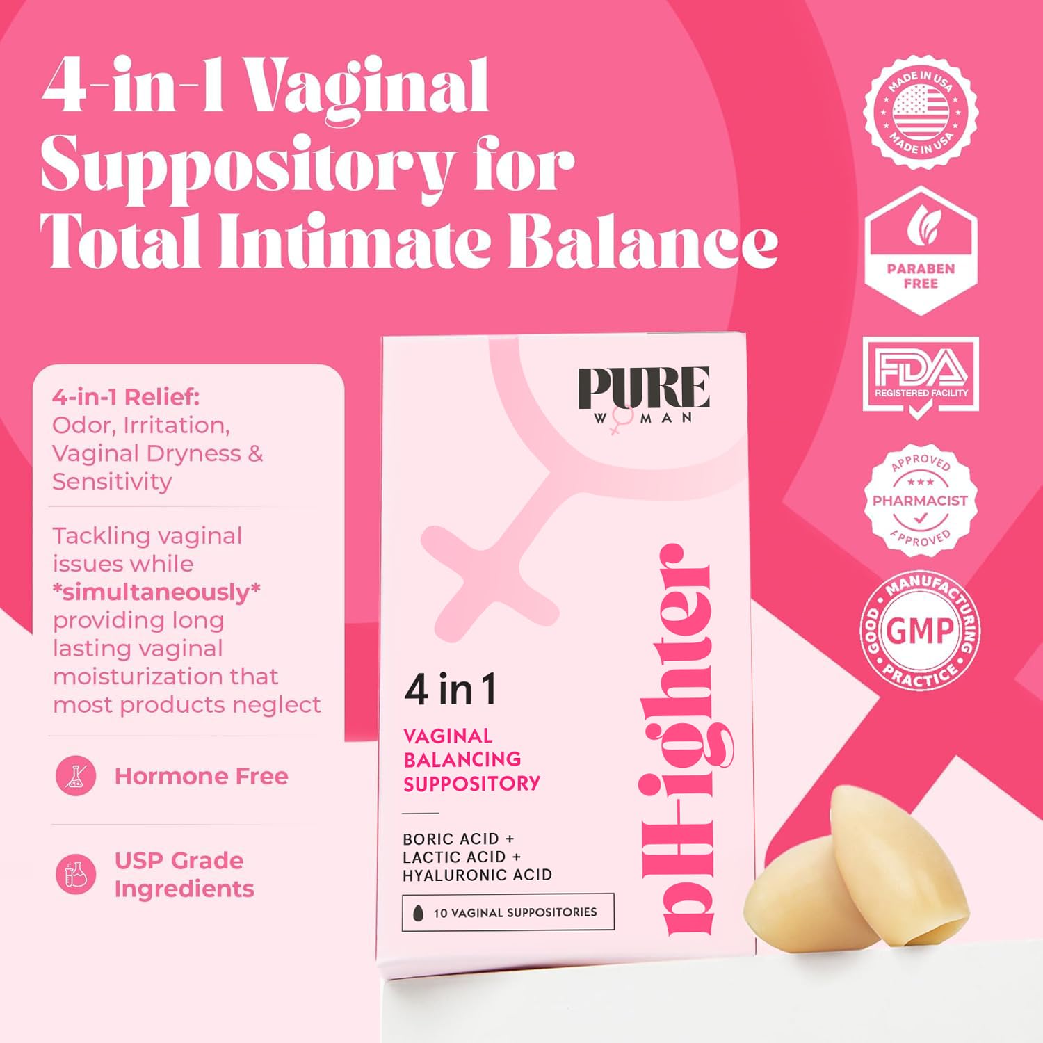 PURE WOMAN - pH-ighter Vaginal Boric Acid Suppositories for Women - Hyaluronic Acid - 4 in 1 Vaginal Suppositories for Discomfort, Dryness, Odor & pH Balance- Full Vaginal Health Care - 10ct - Maple Wellness Supplements