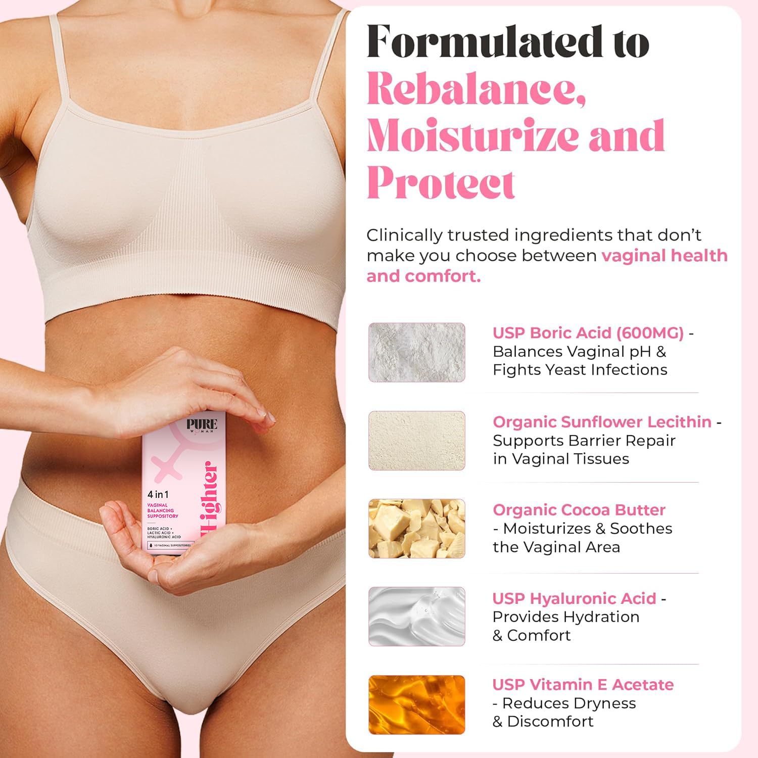 PURE WOMAN - pH-ighter Vaginal Boric Acid Suppositories for Women - Hyaluronic Acid - 4 in 1 Vaginal Suppositories for Discomfort, Dryness, Odor & pH Balance- Full Vaginal Health Care - 10ct - Maple Wellness Supplements