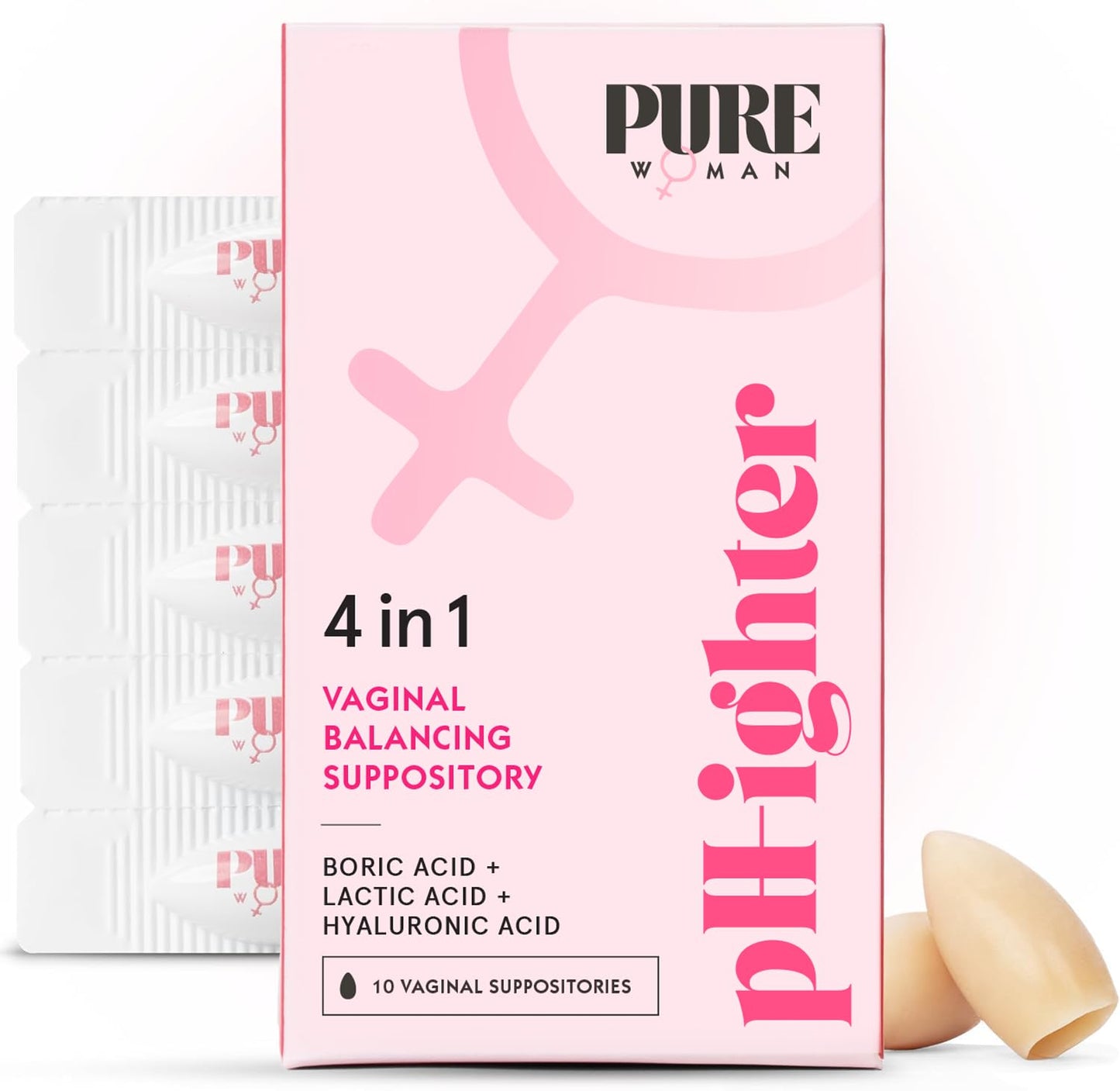 PURE WOMAN - pH-ighter Vaginal Boric Acid Suppositories for Women - Hyaluronic Acid - 4 in 1 Vaginal Suppositories for Discomfort, Dryness, Odor & pH Balance- Full Vaginal Health Care - 10ct - Maple Wellness Supplements