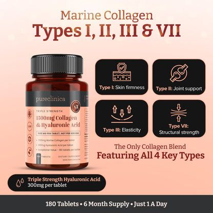 pureclinica 1500mg UltraColl Collagen (1200mg) and Hyaluronic Acid (300mg) x 180 Tablets - 6 Months Supply - Maple Wellness Supplements