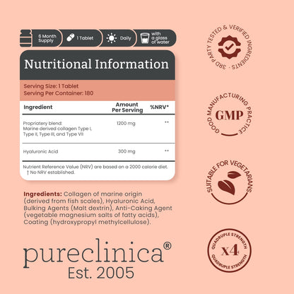 pureclinica 1500mg UltraColl Collagen (1200mg) and Hyaluronic Acid (300mg) x 180 Tablets - 6 Months Supply - Maple Wellness Supplements