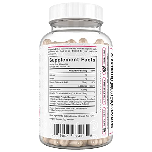 PUREFINITY Collagen Peptides for Women – Type I, II, III, V & X with Biotin & Hyaluronic Acid, Supports Healthy Skin, Bones, Hair & Nails – Non-GMO, Grass-Fed (90 Capsules, 1 Month Supply) - Maple Wellness Supplements