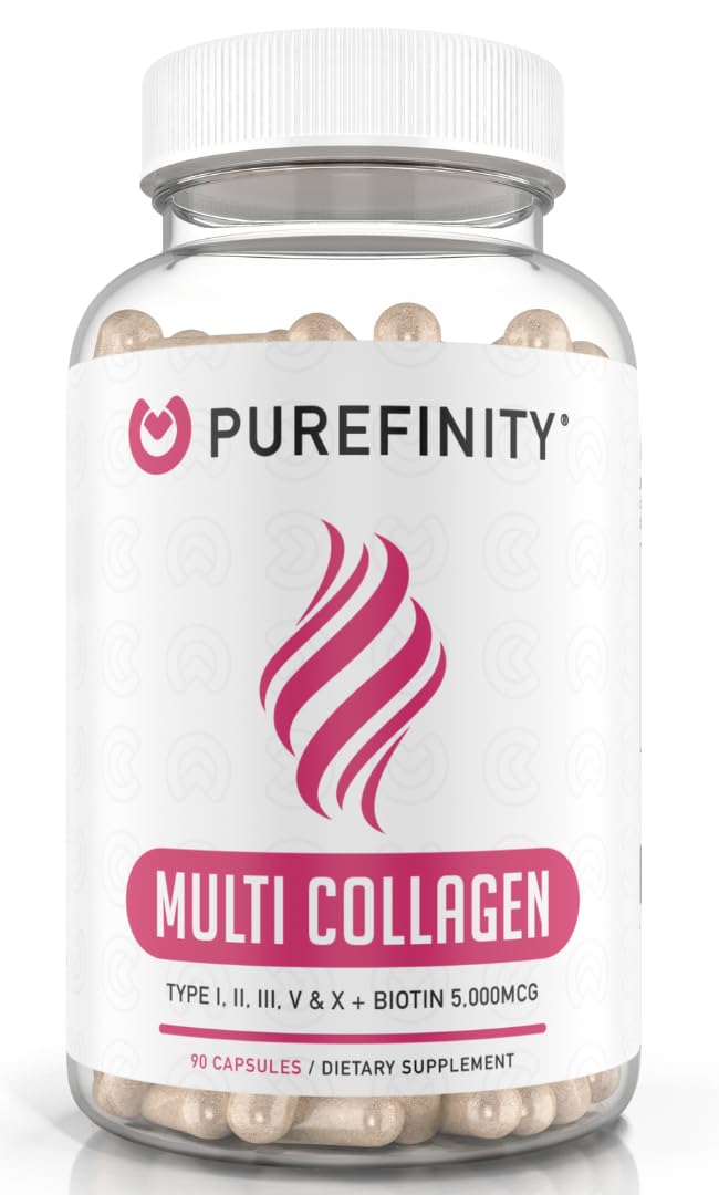 PUREFINITY Collagen Peptides for Women – Type I, II, III, V & X with Biotin & Hyaluronic Acid, Supports Healthy Skin, Bones, Hair & Nails – Non-GMO, Grass-Fed (90 Capsules, 1 Month Supply) - Maple Wellness Supplements