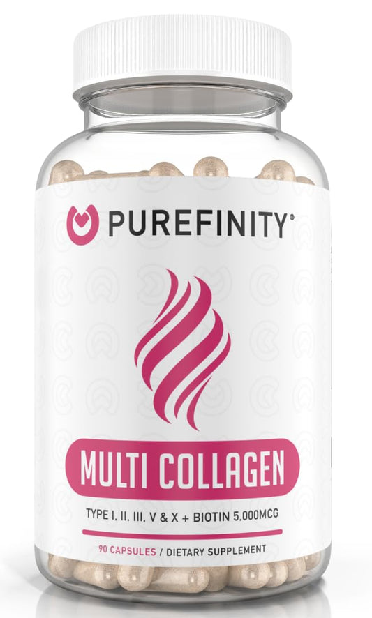 PUREFINITY Collagen Peptides for Women – Type I, II, III, V & X with Biotin & Hyaluronic Acid, Supports Healthy Skin, Bones, Hair & Nails – Non-GMO, Grass-Fed (90 Capsules, 1 Month Supply) - Maple Wellness Supplements