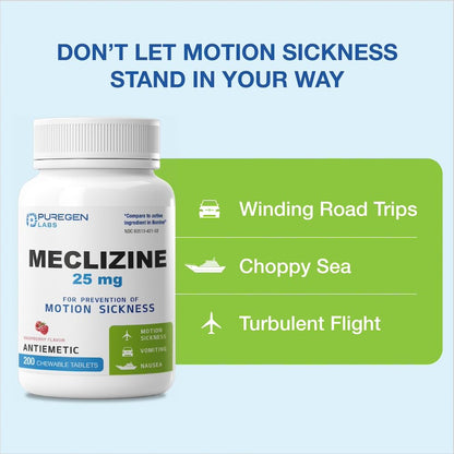 Puregen Labs Meclizine 25 mg Antiemetic 200 chewable Tablets | Motion Sickness Relief - Prevent Nausea, Vomiting, and Dizziness | Dairy Free | Value Pack – 200 chewable Tablets - Maple Wellness Supplements