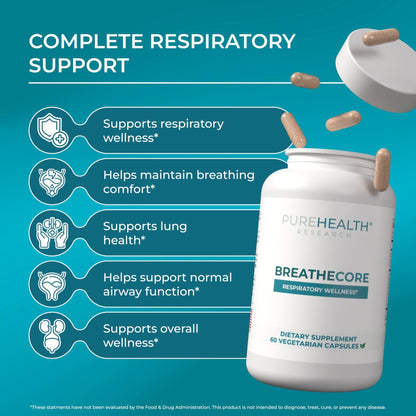 PUREHEALTH RESEARCH BreatheCore - Lung Detox for Smokers - Lung Cleanse & Support Supplement for Women & Men - Ginger Root, Ginkgo Biloba, St Johns Wort, Panax Ginseng & More - 60 Capsules - Maple Wellness Supplements