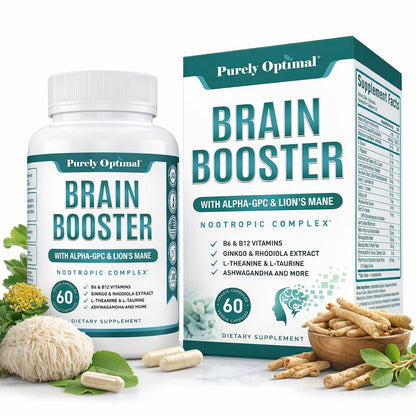 Purely Optimal Brain Booster Nootropic Supplement – Brain Support for Memory, Focus, Clarity, Jitter-Free Energy for Adults, Seniors– with Ginkgo Biloba, Alpha GPC, Lion’s Mane – 60 Capsules - Maple Wellness Supplements