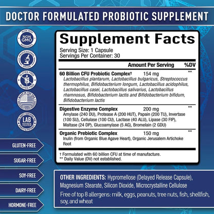 Purely Optimal Probiotics for Digestive Health, 60 Billion CFU – Delayed-Release with Digestive Enzymes & Organic Prebiotics – Bloating, Immune & Energy Support, 30 Caps - Maple Wellness Supplements