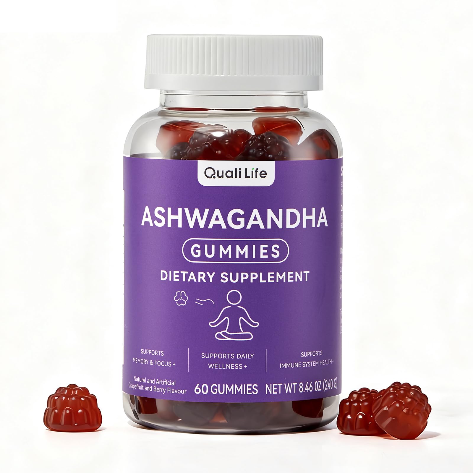QualiLife Ashwagandha Gummies for Relax & Cortisol Support – High Strength Root Extract with Cranberry & Chaste Tree, Grapefruit & Berry Flavour – Vegan, Non-GMO, Gluten-Free – 60 Gummies (30 Days) - Maple Wellness Supplements
