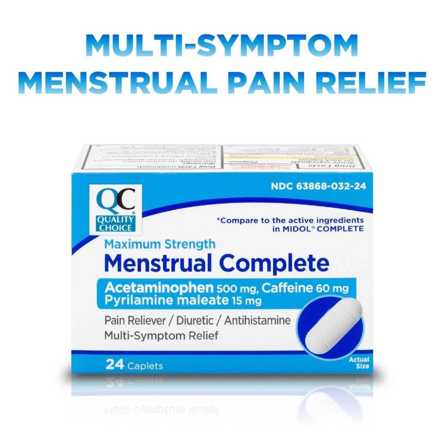 Quality Choice Menstrual Complete Max Strength Period Pain Relief, 500 mg of Acetaminophen, 60mg of Caffeine, 15mg of Pyrilamine Maleate, Cramps, Bloating, Headache. 24 Count. - Maple Wellness Supplements