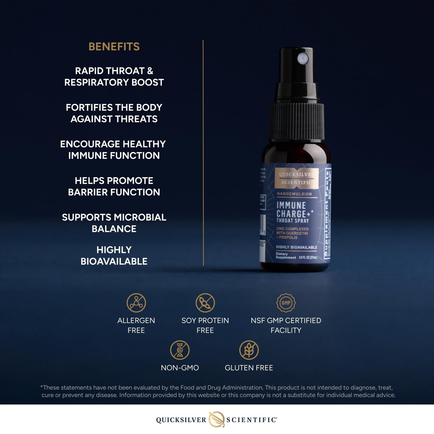 Quicksilver Scientific Immune Charge+ Zinc Throat Spray - Immune Support Liquid Supplement with Quercetin - 'Throat Coat' with Liposomal Absorption Technology (0.9 fl oz / 27ml) - Maple Wellness Supplements