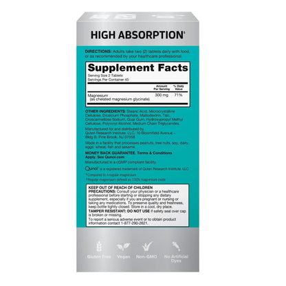 Qunol Magnesium Glycinate 300mg, 100% Glycinate Chelated Magnesium Supplement, 90ct Tablets - Maple Wellness Supplements