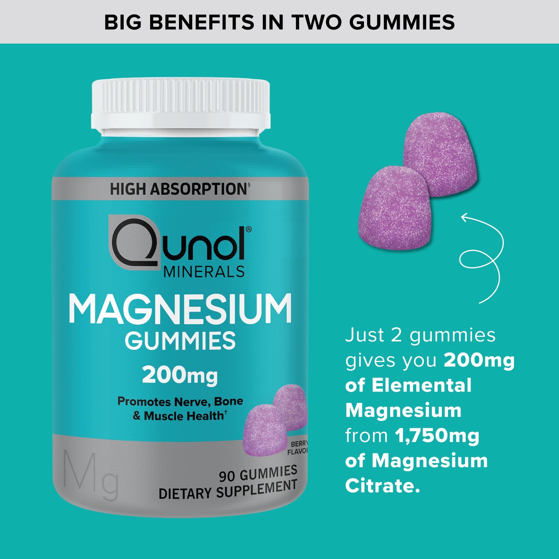 Qunol Magnesium Gummies for Adults, 200mg Elemental Magnesium (from 1,750mg Magnesium Citrate), High Absorption Magnesium Supplement, Supports Nerve, Bone and Muscle Health, Vegetarian, 90 Count - Maple Wellness Supplements