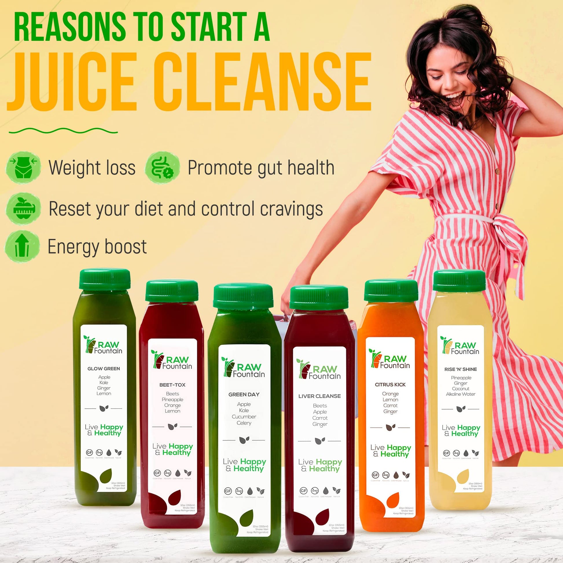 Raw Fountain 1 Day Juice Cleanse, All Natural Detox Cleanse, Cold Presssed Fruit - Maple Wellness Supplements