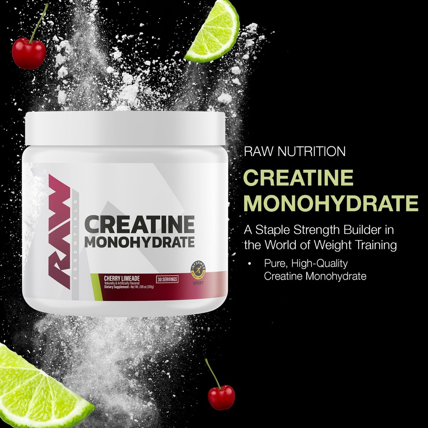 RAW Nutrition Creatine Monohydrate Powder, Cherry Limeade (30 Servings) - Micronized Creatine Monohydrate Supplement for Workout Performance, Build Muscle & Strength - Maple Wellness Supplements