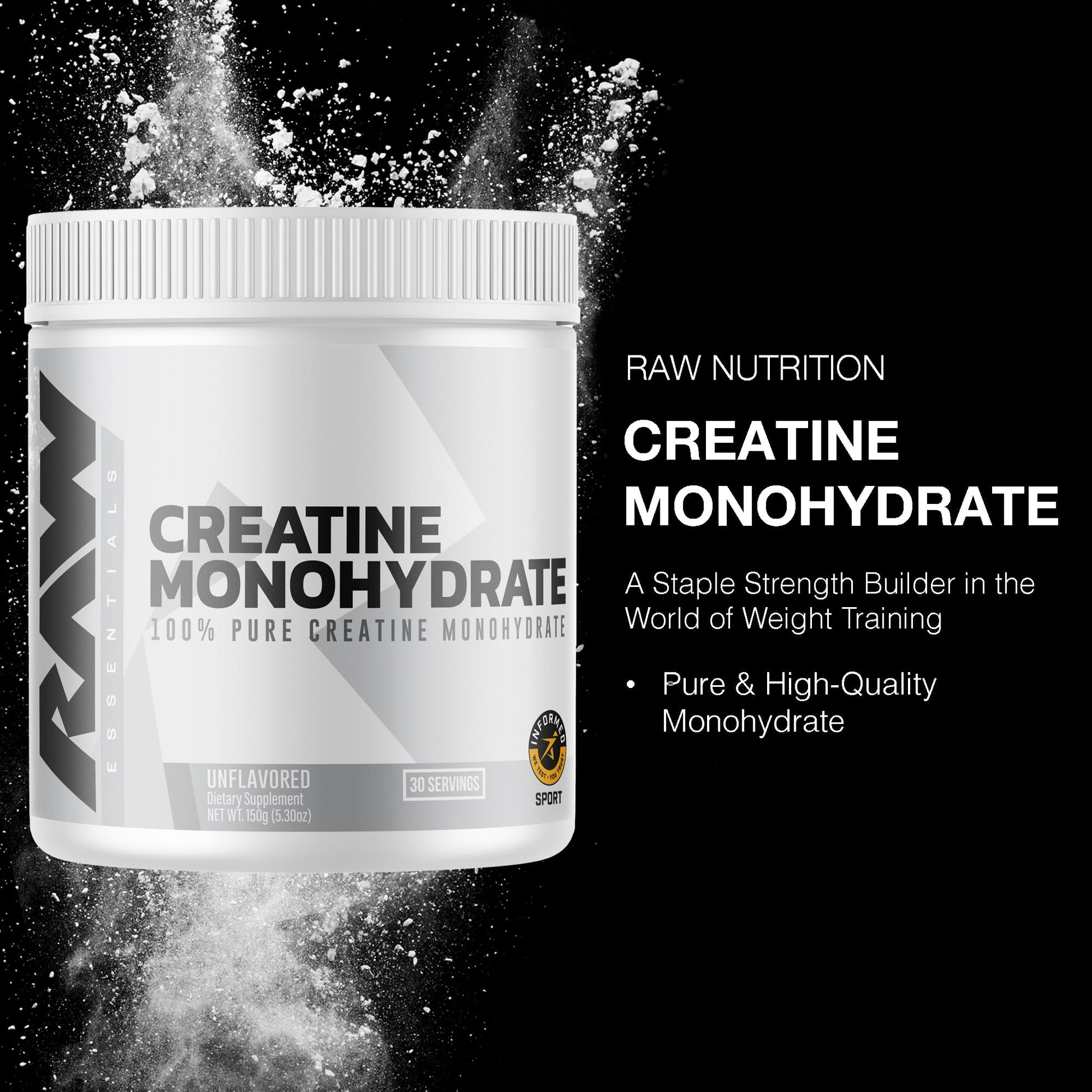 RAW Nutrition Creatine Monohydrate Powder, Unflavored (30 Servings) - Micronized Creatine Monohydrate Supplement for Workout Performance, Build Muscle & Strength - Maple Wellness Supplements