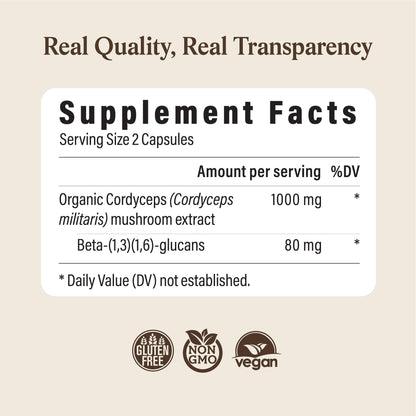 Real Mushrooms Capsules Supplements - Organic Cordyceps Mushroom Powder in Capsules - Energy and Performance Mushrooms with Verified Beta Glucans - Vegan, Non-GMO, 300 Capsules - Maple Wellness Supplements