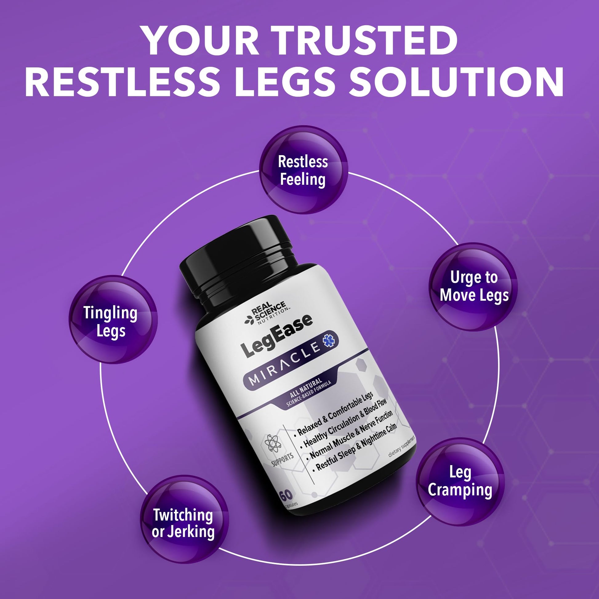 Real Science LegEase Miracle – All Natural Restless Legs Syndrome Relief & Leg Cramp Supplement with Vitamins C, D, K, B6, B12 + Nitric Oxide Support – Sleep & Circulation Aid – Made in USA, 60 Caps - Maple Wellness Supplements