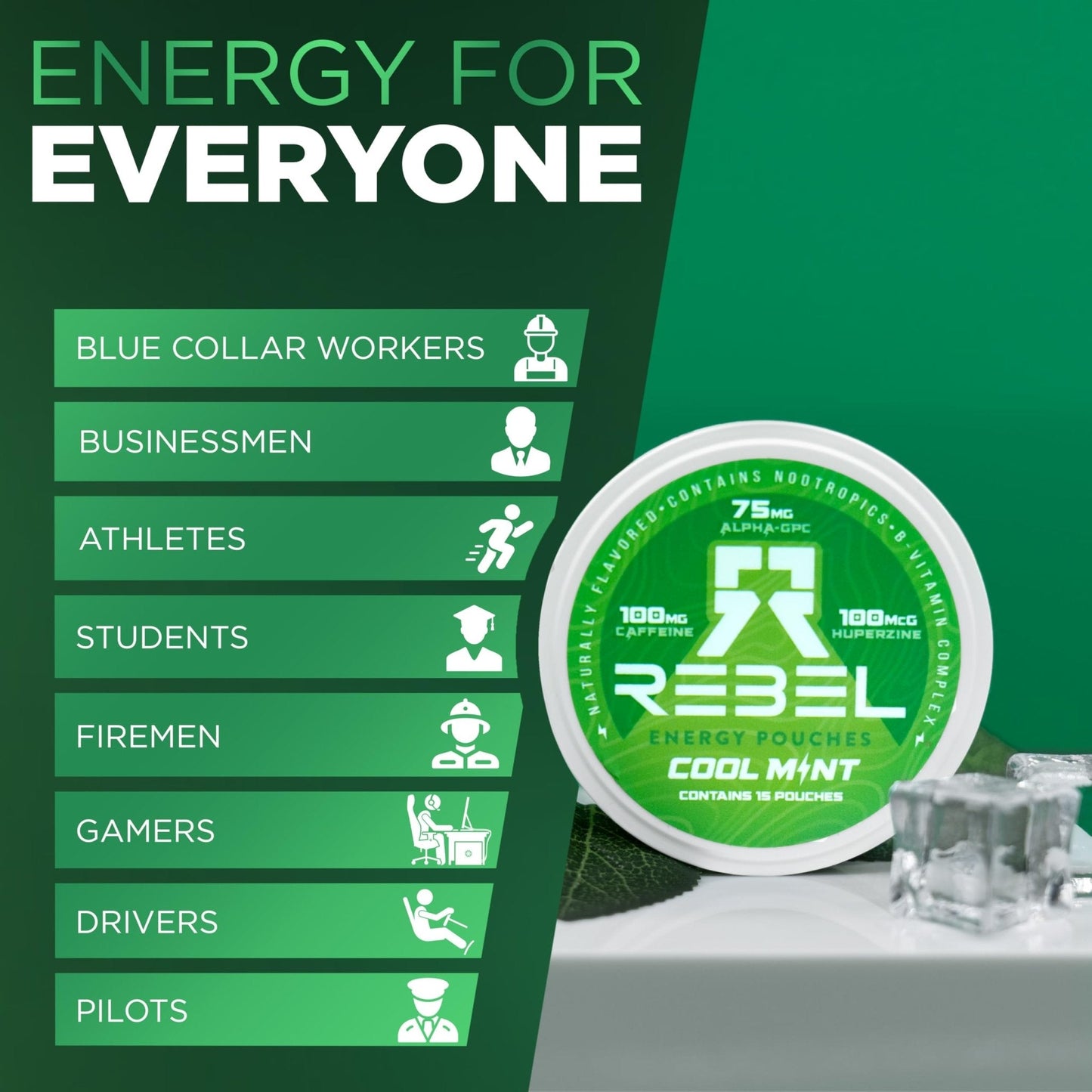 Rebel Nootropic Energy Caffeine Pouches (Cool Mint) • 100mg Caffeine • Alpha GPC • Huperzine A & Essential Vitamins • Sugar-Free • Coconut Fiber Technology • 15 Pouches Per Can (Pack of 4) - Maple Wellness Supplements