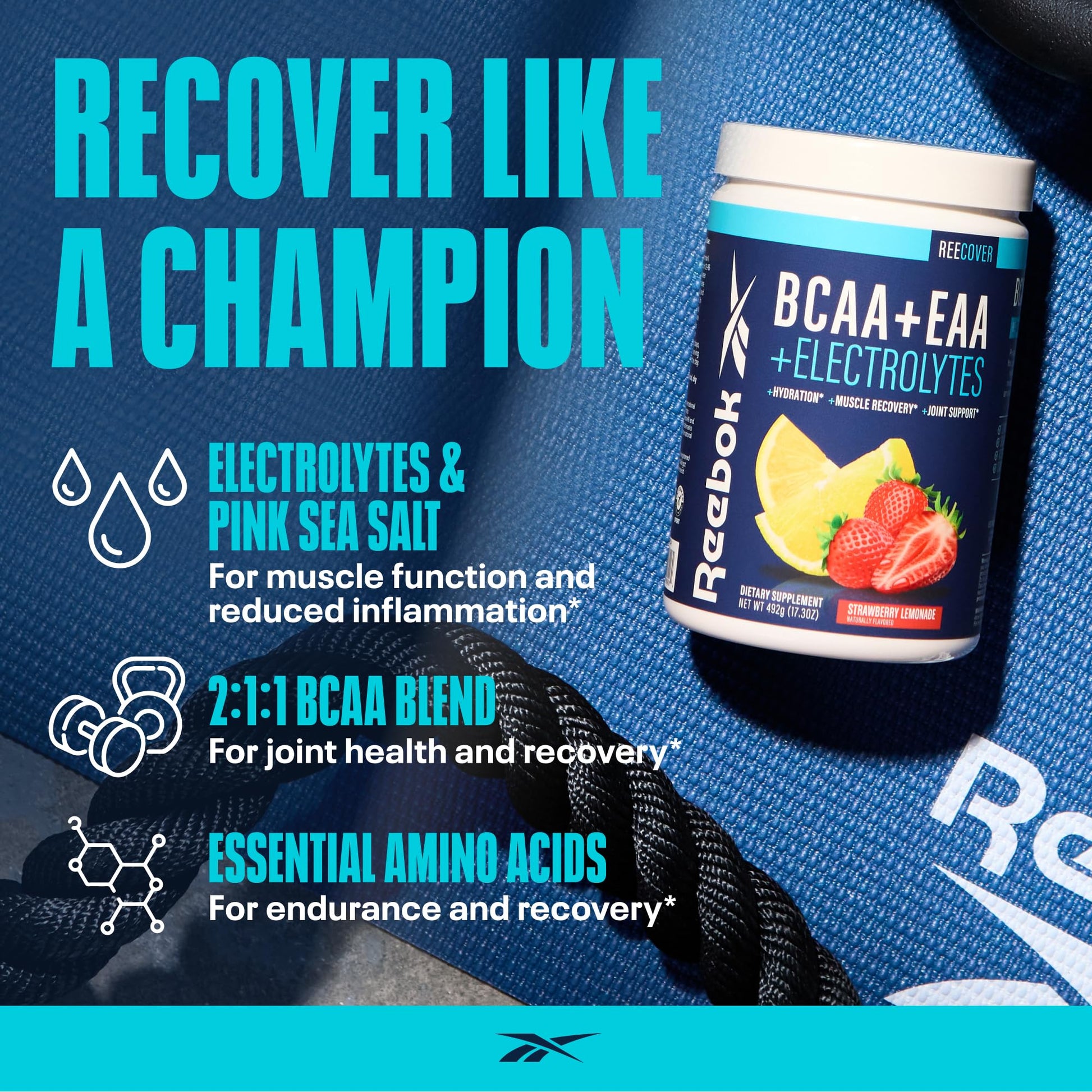 Reebok REEcover Amino Acids + Electrolytes | 8g EAAs, 5g BCAAs, Hydration Matrix | Muscle Recovery, Strength | Post-Workout Support - Maple Wellness Supplements