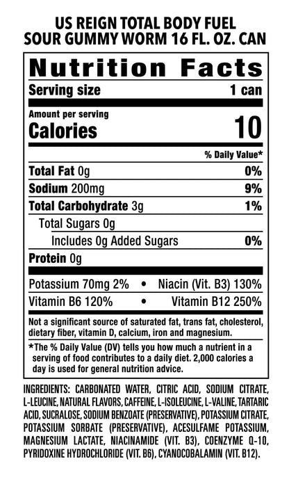 Reign Total Body Fuel, Sour Gummy Worm, Fitness & Performance Drink, 16 Fl Oz (Pack of 12) - Maple Wellness Supplements
