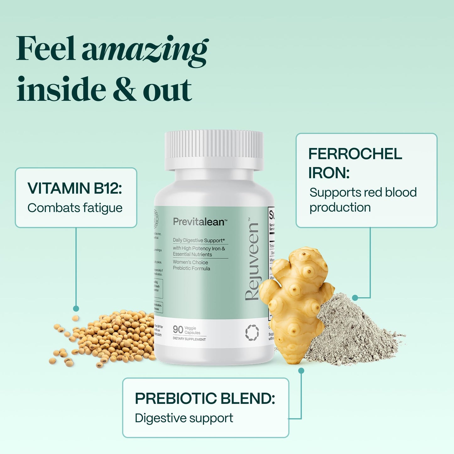 Rejuveen Previtalean | Prebiotic Fiber Supplement for Women | Supports Gut Health & Red Blood Cell Production | Contains Highly Bioavailable Iron - Maple Wellness Supplements