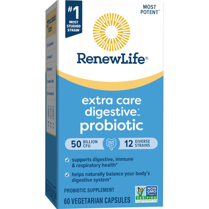 Renew Life Extra Care Digestive Probiotic Capsules, 50 Billion CFU Guaranteed, Daily Supplement Supports Immune, Digestive, Respiratory Health(1), L. Rhamnosus GG - Maple Wellness Supplements