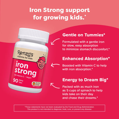 Renzo's Iron Supplements for Kids, Dissolvable Vegan Kids Iron Supplement with Vitamin C, Sugar-Free Melty Tabs - Maple Wellness Supplements