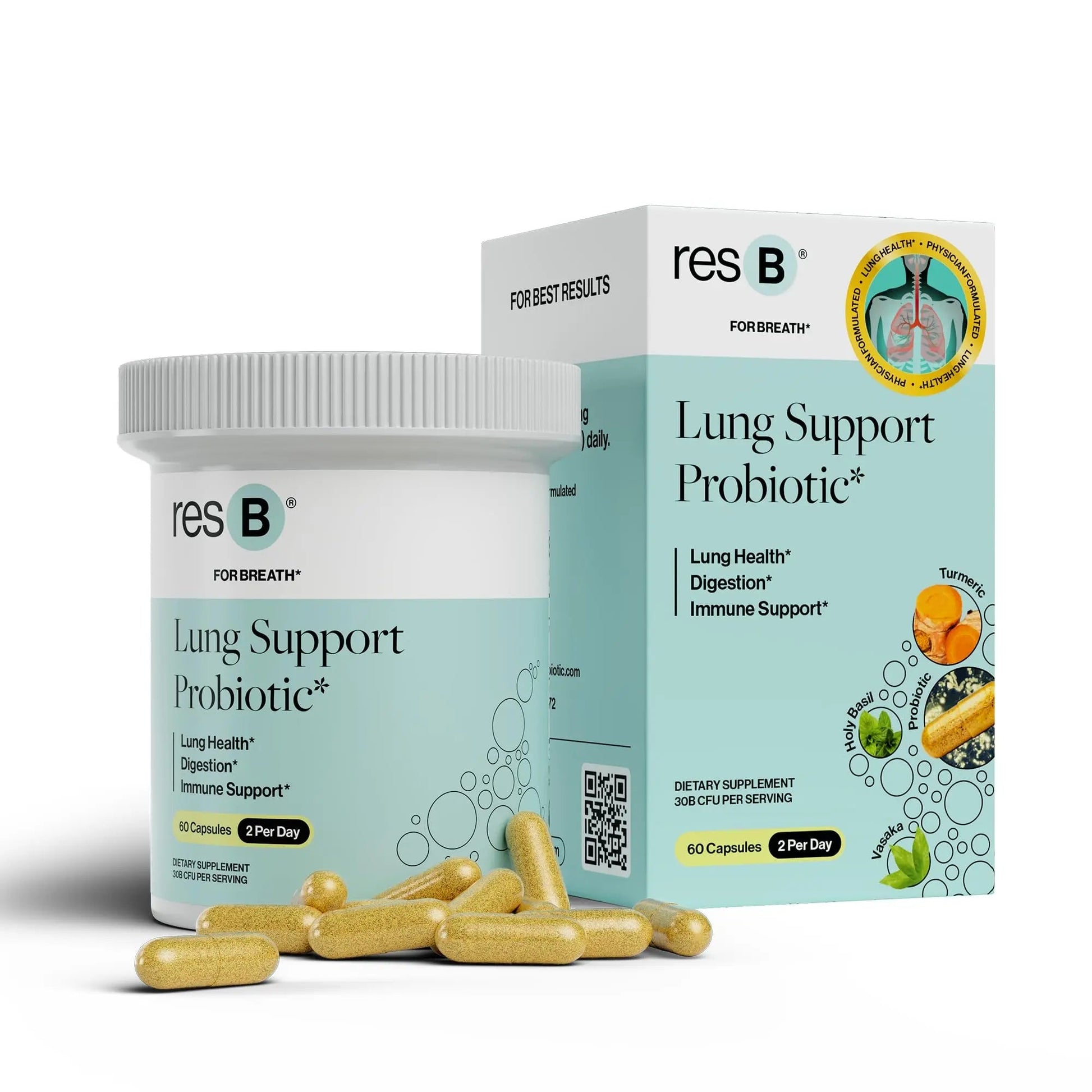 resB Lung Support Probiotic Supplement - Lung Health Supplement for Smokers, Gut Health, Immune & Digestive Support, Respiratory Care, Holy Basil & Turmeric, Clinically Trialed - 60 Capsules - Maple Wellness Supplements