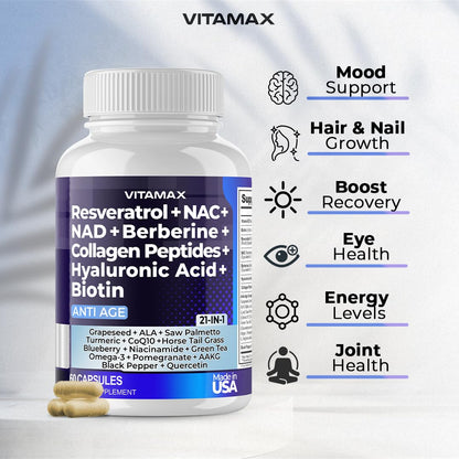 Resveratrol NAD+ Berberine Hyaluronic Acid - Biotin Grape & Blueberry + NAC - Collagen Peptides - Hair, Nail, Skin & Joint Supplement - 21-in-1 Women and Men - Maple Wellness Supplements