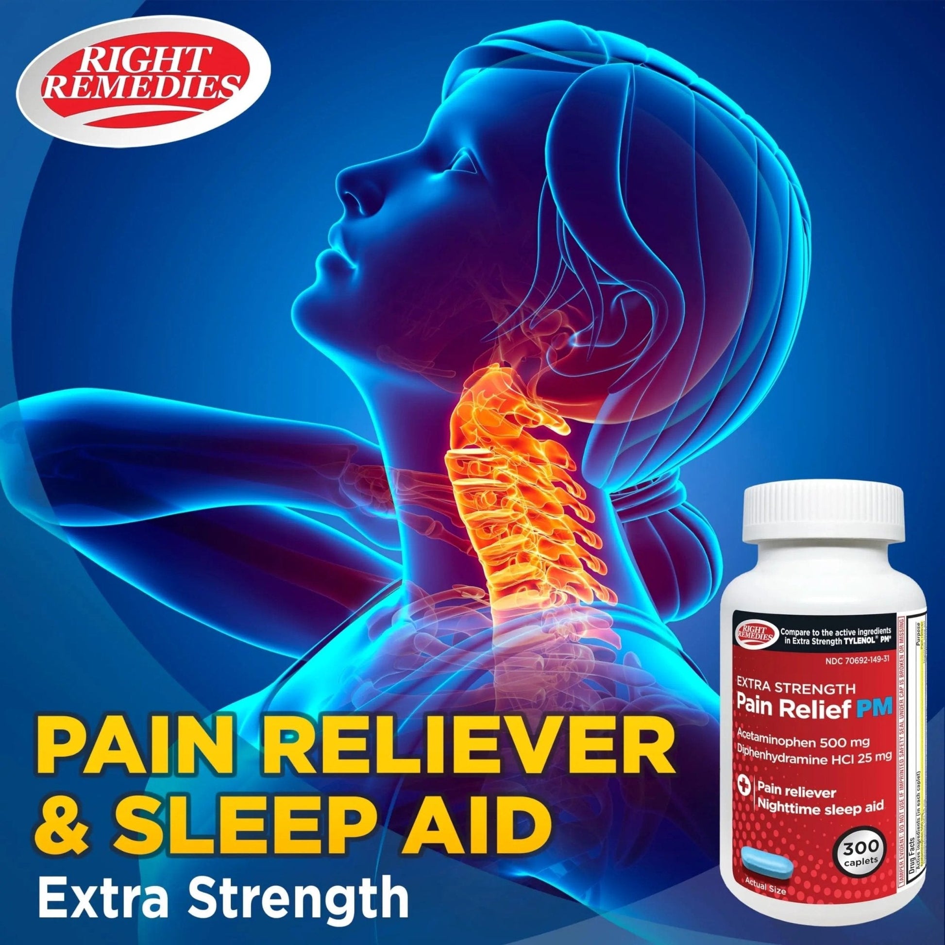 Right Remedies Extra Strength Pain Relief PM & Nighttime Sleep Aid Caplets,(300 count), Acetaminophen 500 mg & Diphenhydramine HCl 25 mg, Non-Habit Forming, Compare to Active ingredients of Tylenol PM - Maple Wellness Supplements