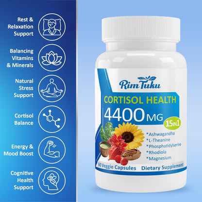 RimTuku Cortisol Supplements for Women & Men -15-in-1 Cortisol Detox for Women, Cortisol Manager & Reducer with Ashwagandha, Rhodiola Rosea Supports Stress Relief, Adrenal Balance, 120 Capsules - Maple Wellness Supplements