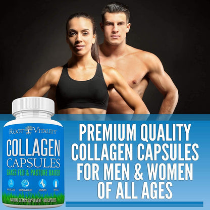 Root Vitality Collagen Peptides Capsules - Grass-Fed, Pasture-Raised Hydrolyzed Protein Supplement for Skin, Hair, & Nails - Non-GMO, Zero Sugar Daily Pills for Men & Women (180 Capsules) - Maple Wellness Supplements