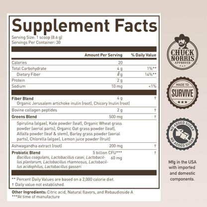 ROUNDHOUSE PROVISION Morning Kick, Zero Sugar Greens Superfood Powder Supplement with Ashwagandha, Collagen, Probiotics, Debloat Drink - Maple Wellness Supplements