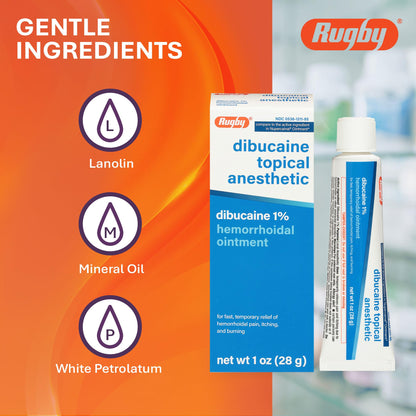 Rugby Dibucaine Topical Anesthetic 1% Hemorrhoid Ointment - Pain Relief Cream for Itching and Burning, Hemorrhoid Treatment, Anti Itch Cream 1 Oz (3 Pack) - Maple Wellness Supplements
