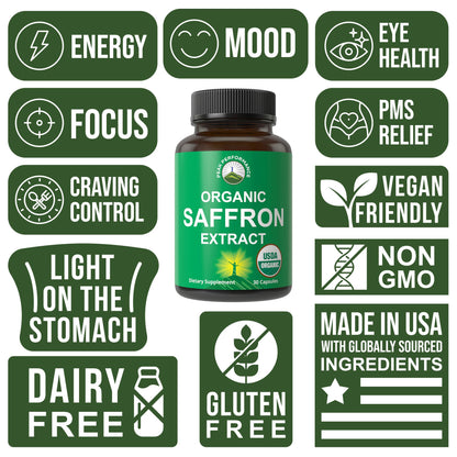 Saffron Supplements - USDA Organic Saffron Extract Capsules for Women, Men, and Kids. with Organic Prebiotic Fiber Instead of Filler. Pure and Natural for Mood, Brain, Focus, Cravings, PMS - Maple Wellness Supplements