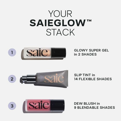 Saie Mini Glowy Super Gel Lightweight llluminator & Makeup Primer - Sunglow (0.5 oz) + Dew Blush - Lightweight Liquid Blush with a Blendable + Buildable Cream Finish - Rosy (.40 oz) - Maple Wellness Supplements