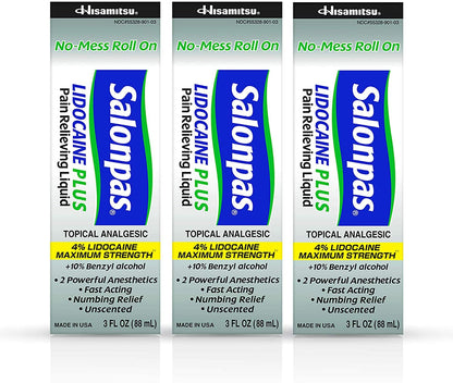 Salonpas LIDOCAINE Plus 3 oz ROLL ON Pain Relieving Liquid! Maximum Strength 4% Lidocaine for Numbing Pain Relief! Mess Free Application! (3 Pack) - Maple Wellness Supplements
