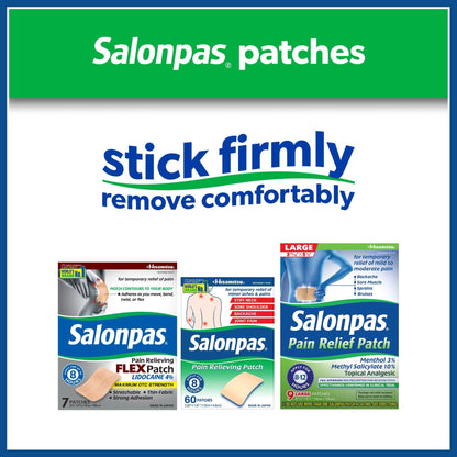 Salonpas Pain Relieving Patch for Back, Neck, Shoulder, Knee Pain and Muscle Soreness - 8 Hour Pain Relief - 60 Count - Maple Wellness Supplements