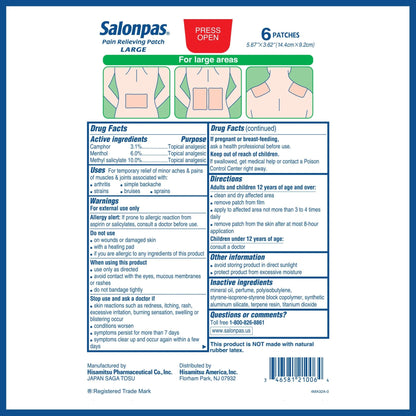 Salonpas Pain Relieving Patch, Large, 6 Count, for Back, Neck, Shoulder, Knee Pain and Muscle Soreness, 8 Hour Pain Relief - Maple Wellness Supplements