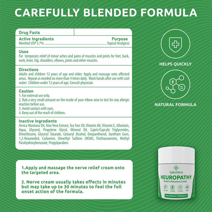 SaluVera Neuropathy Pain Relief Cream - Maximum Strength Nerve Pain Reliever for Foot, Toes, Hands, Legs with Aloe Vera, Arnica, MSM Vitamin B6, and Menthol for Fast-Acting Relief 3oz - Maple Wellness Supplements