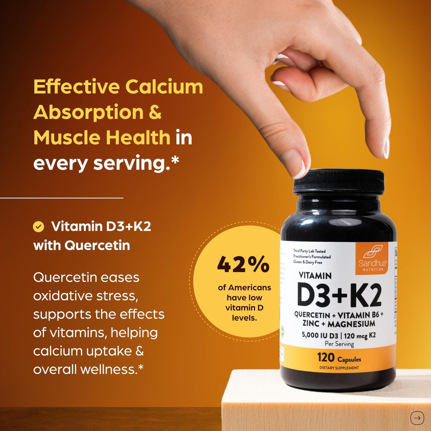 Sandhu's Vitamin D3 K2 Magnesium 5000 IU, 120mcg K2 Capsules 120 Count (Pack of 1) | with VIT B6, Zinc & Quercetin | D3K2 Supports Superior Absorption - Maple Wellness Supplements