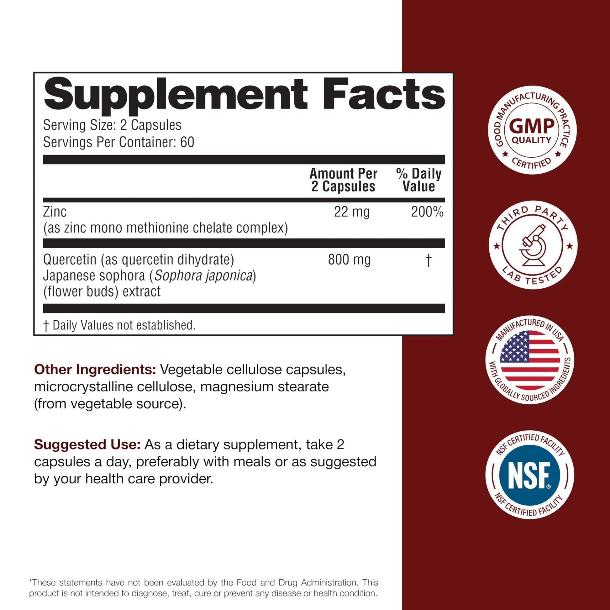 Sandhu's Zinc Quercetin 120 Vegetarian Capsules (Pack of 1) | High Absorption Zink Supplements for Immunity and Seasonal Allergy | Antioxidant Immune Support - Maple Wellness Supplements